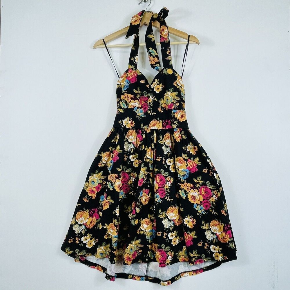 Lindy Bop Twirl Dress Womens 4 Rockabilly Retro Black Floral Halter‎ Pin Up Girl
